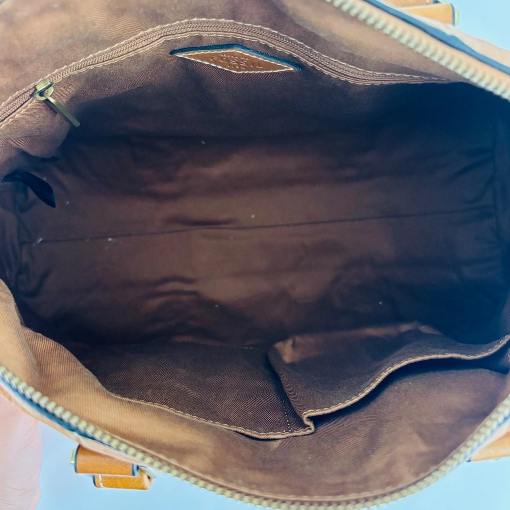 Fossil Carlie Leather Satchel Shoulder Cognac Bag Braided Tassel - Picture 8 of 10
